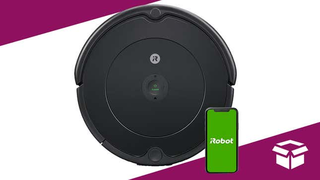 Roomba and iPhone on a white and purple field. 